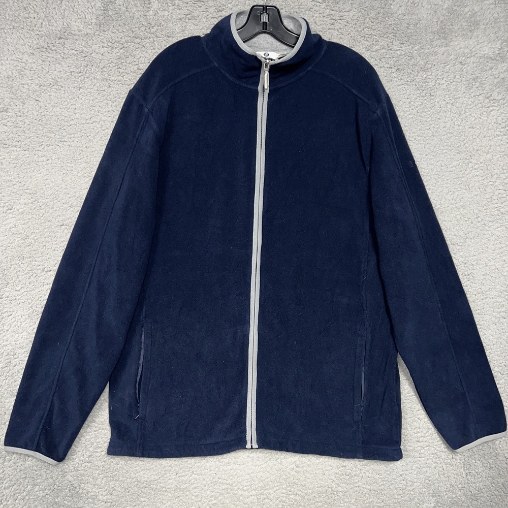 BMW Jacket Men's Sz XL Dark Blue Fleece 2-Sided Back Logo Full Zip Sweater